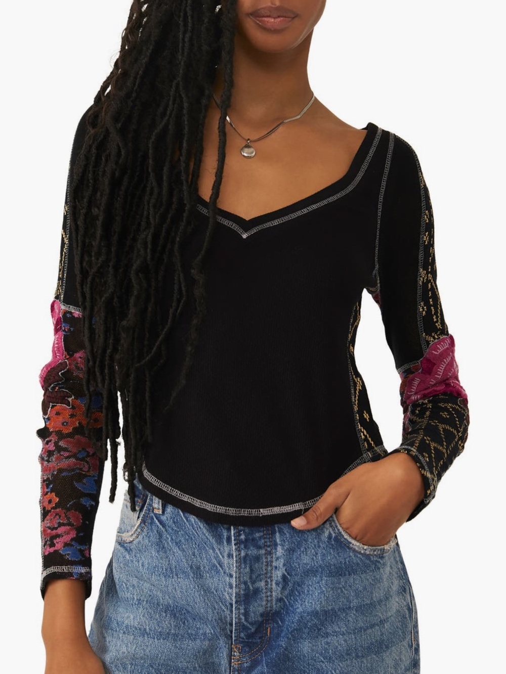 Free People Black V-Neck Long Sleeve Top with Floral Patchwork Sleeves